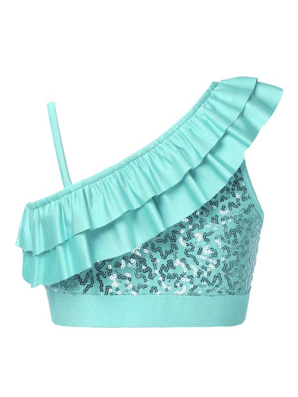 Kids Girls Sleeveless Sequin Ruffle Jazz Dance Crop Top thumb