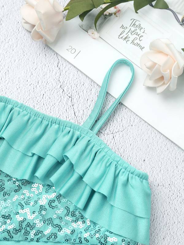 Kids Girls Sleeveless Sequin Ruffle Jazz Dance Crop Top thumb
