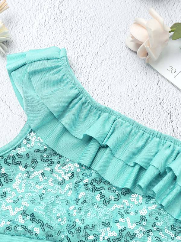 Kids Girls Sleeveless Sequin Ruffle Jazz Dance Crop Top thumb