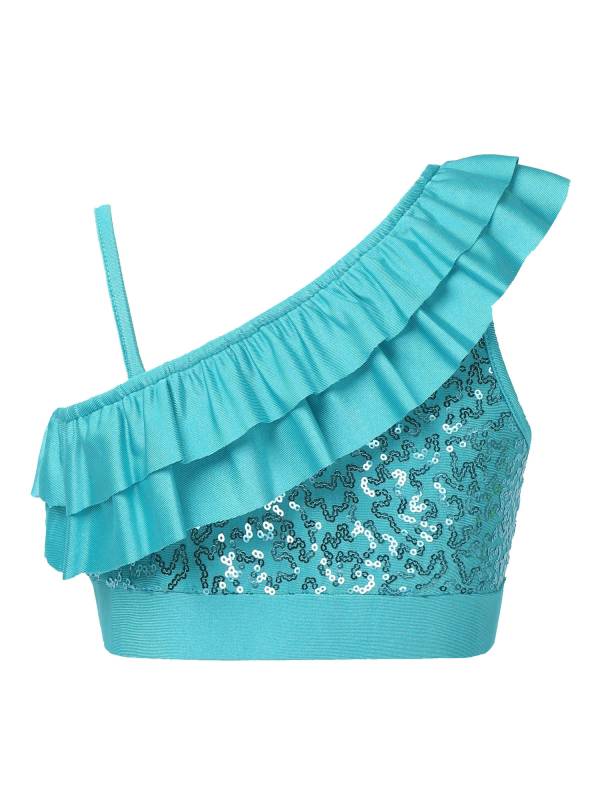 Kids Girls Sleeveless Sequin Ruffle Jazz Dance Crop Top thumb