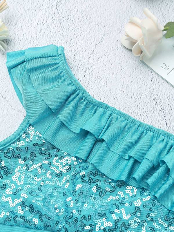 Kids Girls Sleeveless Sequin Ruffle Jazz Dance Crop Top thumb