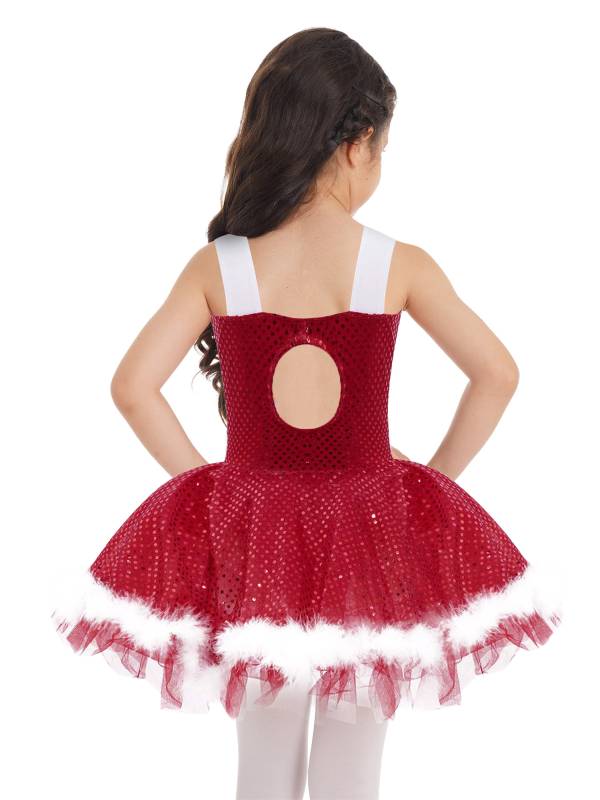 Kids Girls Christmas Sleeveless Sequins Faux Fur Adorned Ballet Tutu Dress thumb