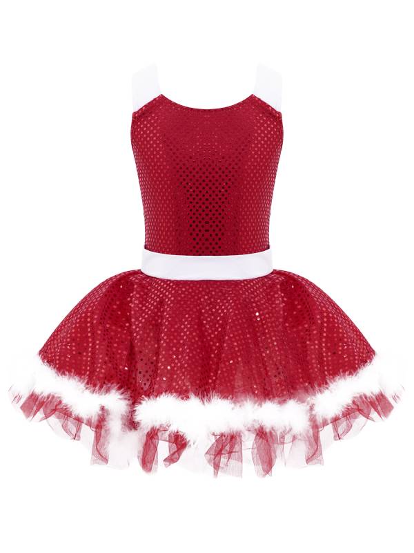 Kids Girls Christmas Sleeveless Sequins Faux Fur Adorned Ballet Tutu Dress thumb