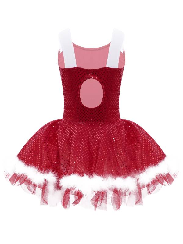 Kids Girls Christmas Sleeveless Sequins Faux Fur Adorned Ballet Tutu Dress thumb