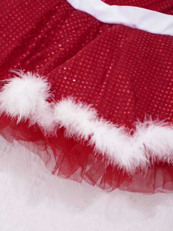 Kids Girls Christmas Sleeveless Sequins Faux Fur Adorned Ballet Tutu Dress thumb