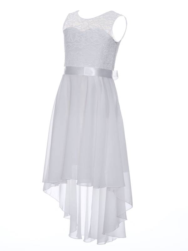 Kids Girls Sleeveless Lace Floral High-Low Chiffon Dress thumb