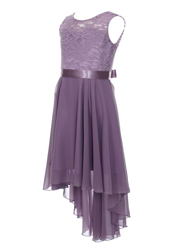 Kids Girls Sleeveless Lace Floral High-Low Chiffon Dress thumb