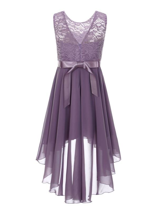 Kids Girls Sleeveless Lace Floral High-Low Chiffon Dress thumb