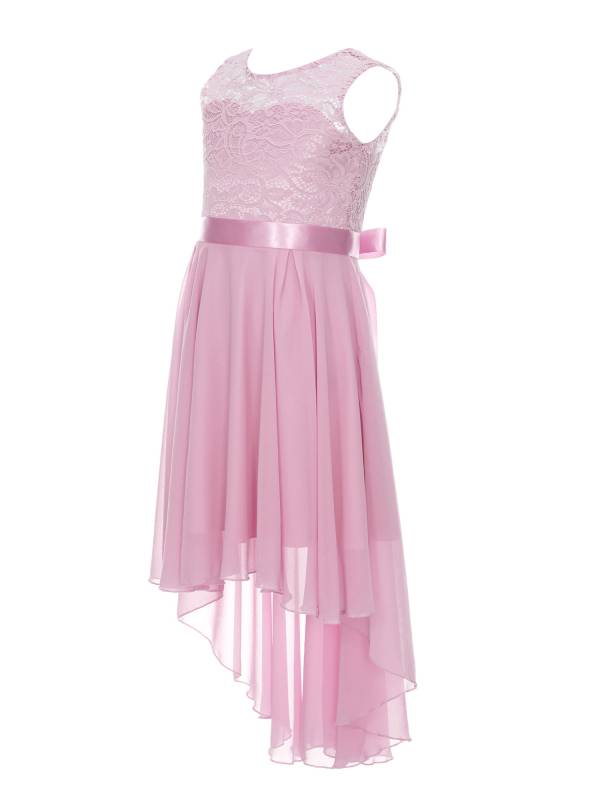Kids Girls Sleeveless Lace Floral High-Low Chiffon Dress thumb