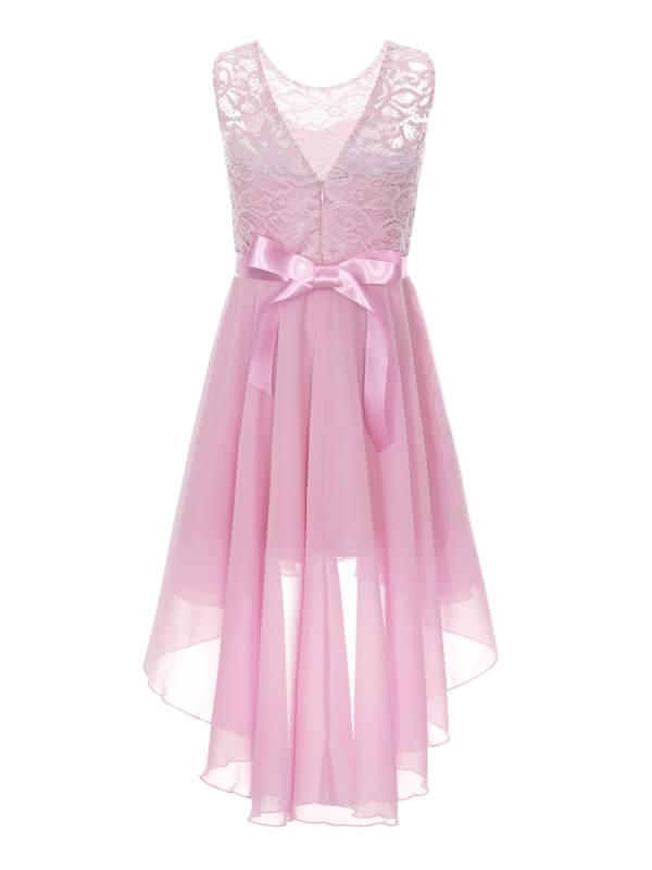 Kids Girls Sleeveless Lace Floral High-Low Chiffon Dress thumb