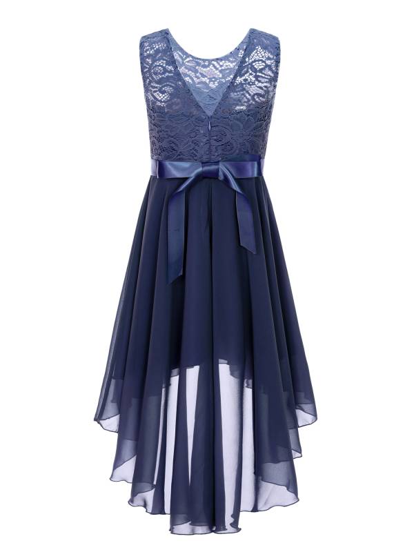 Kids Girls Sleeveless Lace Floral High-Low Chiffon Dress thumb