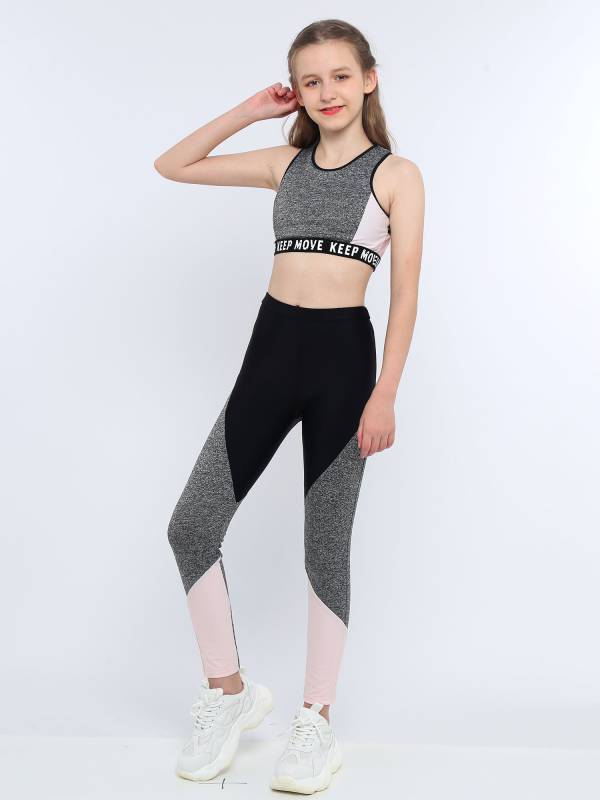 Kids Girls Workout Running Sports Suit Crop Top and Pants Active Sets thumb