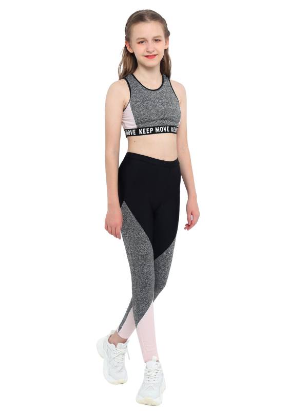 Kids Girls Workout Running Sports Suit Crop Top and Pants Active Sets thumb