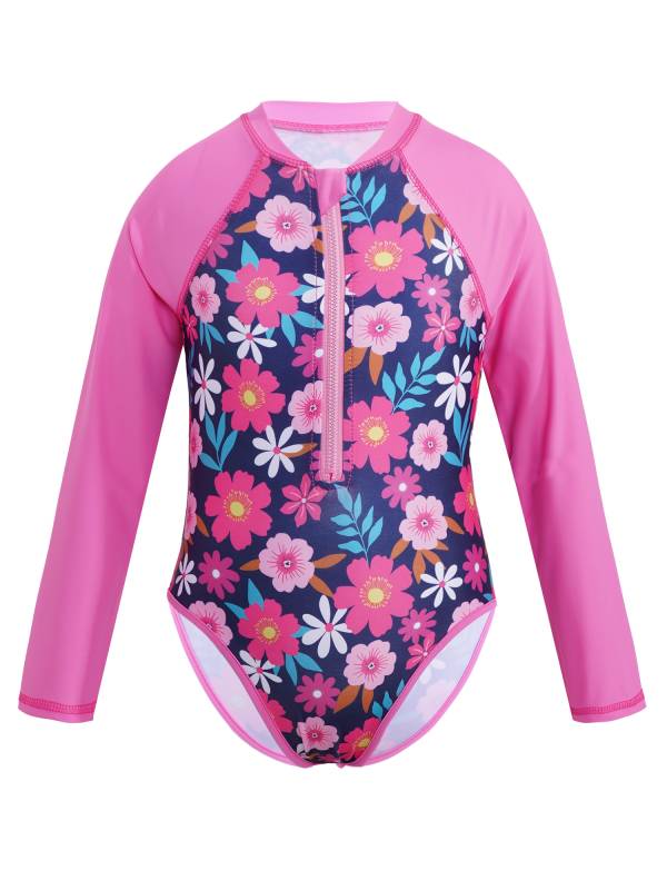 Kids Girls One-piece Long Sleeves Floral Printed Rash Guard Swimsuit thumb