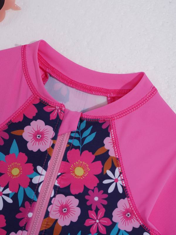 Kids Girls One-piece Long Sleeves Floral Printed Rash Guard Swimsuit thumb