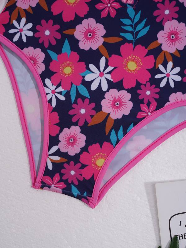 Kids Girls One-piece Long Sleeves Floral Printed Rash Guard Swimsuit thumb