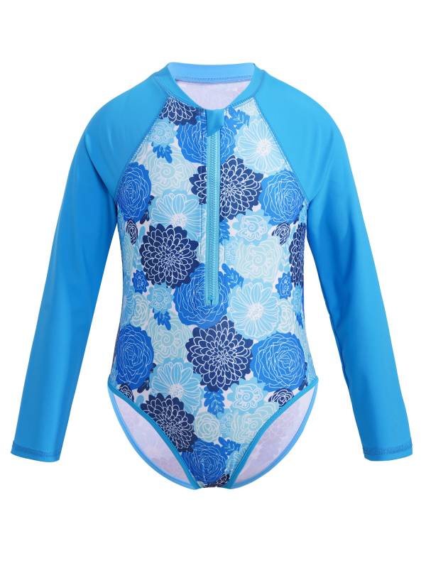 Kids Girls One-piece Long Sleeves Floral Printed Rash Guard Swimsuit thumb