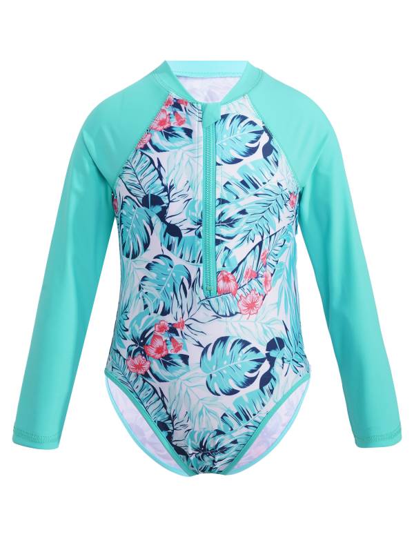 Kids Girls One-piece Long Sleeves Floral Printed Rash Guard Swimsuit thumb