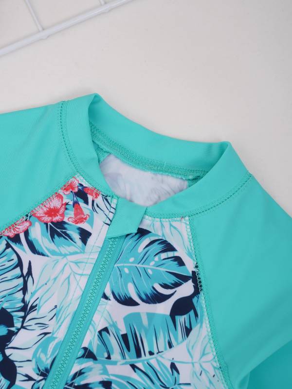Kids Girls One-piece Long Sleeves Floral Printed Rash Guard Swimsuit thumb