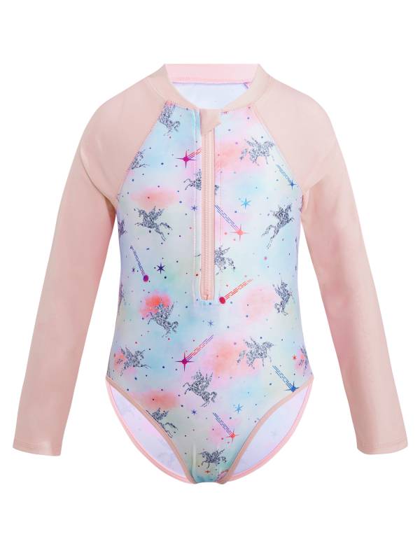 Kids Girls One-piece Long Sleeves Floral Printed Rash Guard Swimsuit thumb