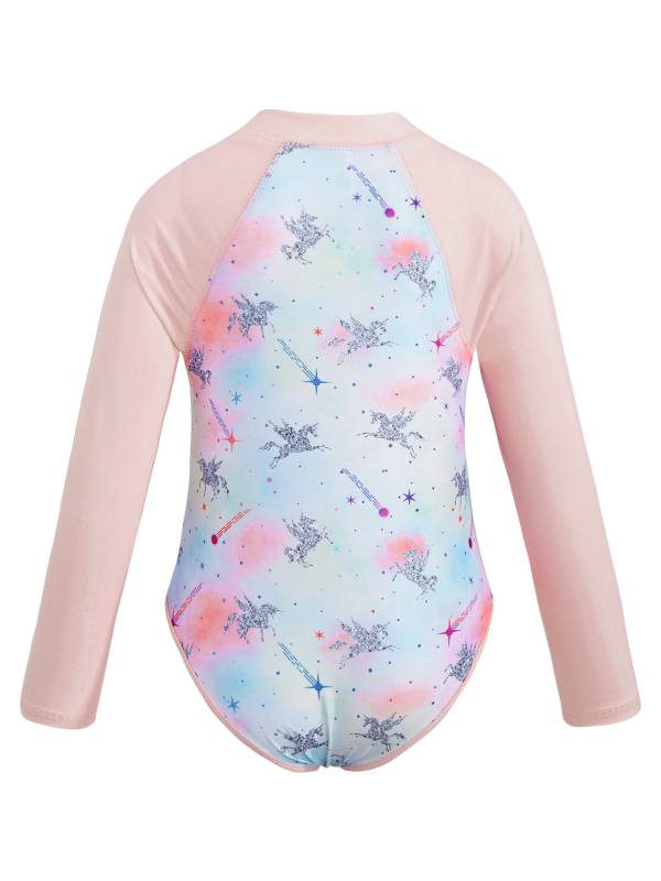 Kids Girls One-piece Long Sleeves Floral Printed Rash Guard Swimsuit thumb