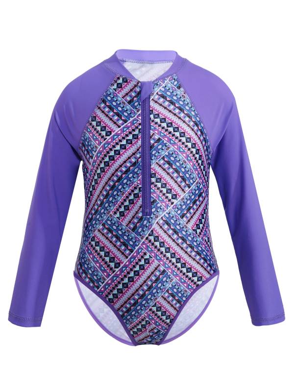Kids Girls One-piece Long Sleeves Floral Printed Rash Guard Swimsuit thumb