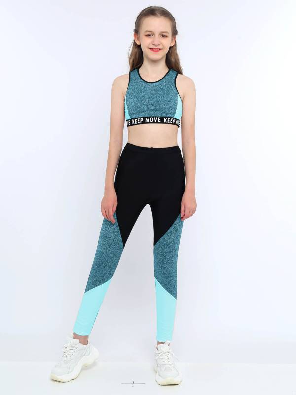 Kids Girls Workout Running Sports Suit Crop Top and Pants Active Sets thumb