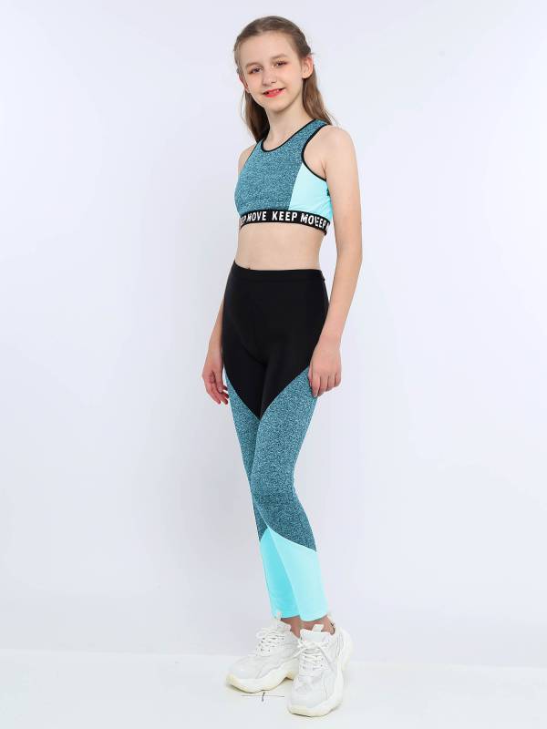 Kids Girls Workout Running Sports Suit Crop Top and Pants Active Sets thumb