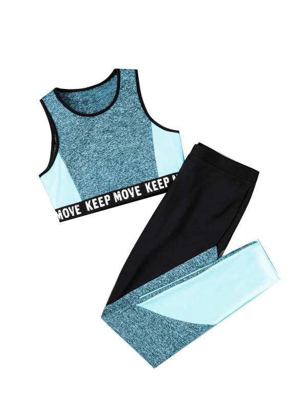 Kids Girls Workout Running Sports Suit Crop Top and Pants Active Sets thumb