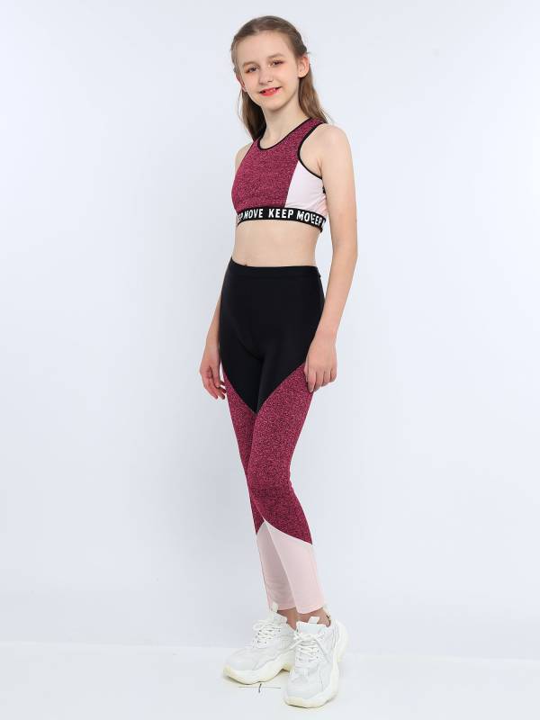 Kids Girls Workout Running Sports Suit Crop Top and Pants Active Sets thumb