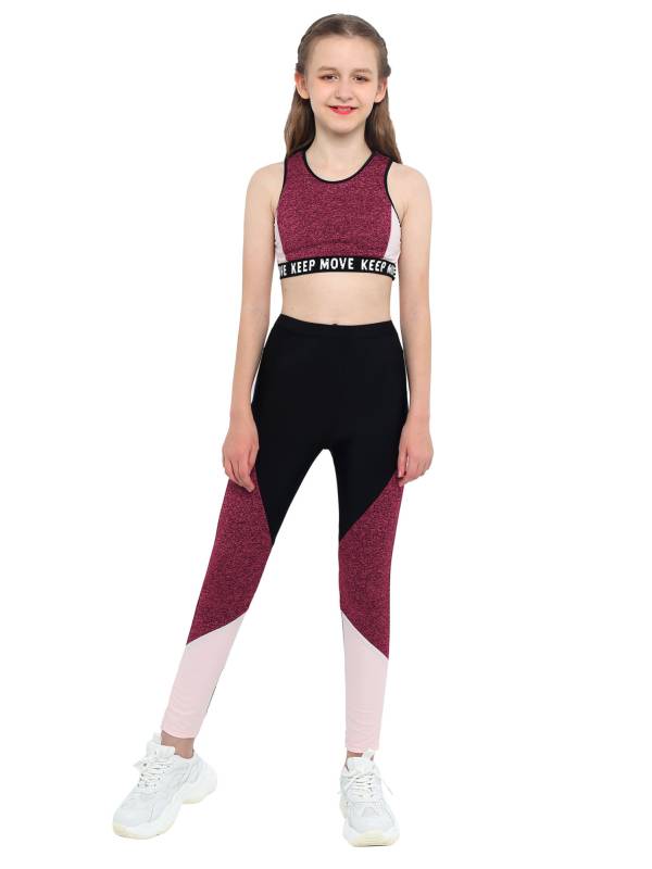 Kids Girls Workout Running Sports Suit Crop Top and Pants Active Sets thumb
