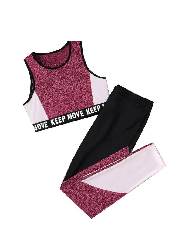 Kids Girls Workout Running Sports Suit Crop Top and Pants Active Sets thumb