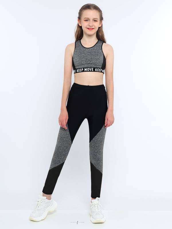 Kids Girls Workout Running Sports Suit Crop Top and Pants Active Sets thumb