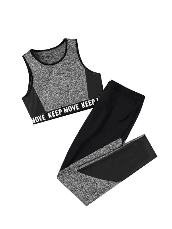 Kids Girls Workout Running Sports Suit Crop Top and Pants Active Sets thumb