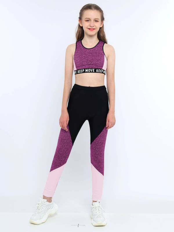 Kids Girls Workout Running Sports Suit Crop Top and Pants Active Sets thumb