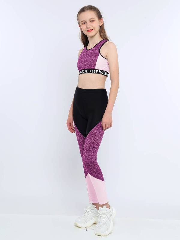 Kids Girls Workout Running Sports Suit Crop Top and Pants Active Sets thumb