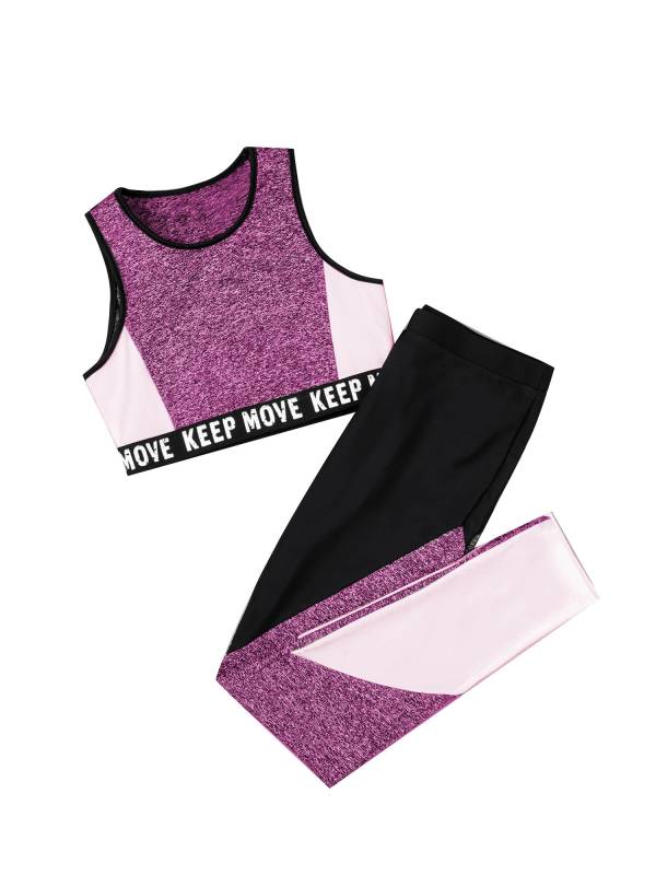Kids Girls Workout Running Sports Suit Crop Top and Pants Active Sets thumb