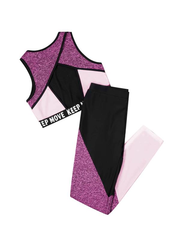 Kids Girls Workout Running Sports Suit Crop Top and Pants Active Sets thumb
