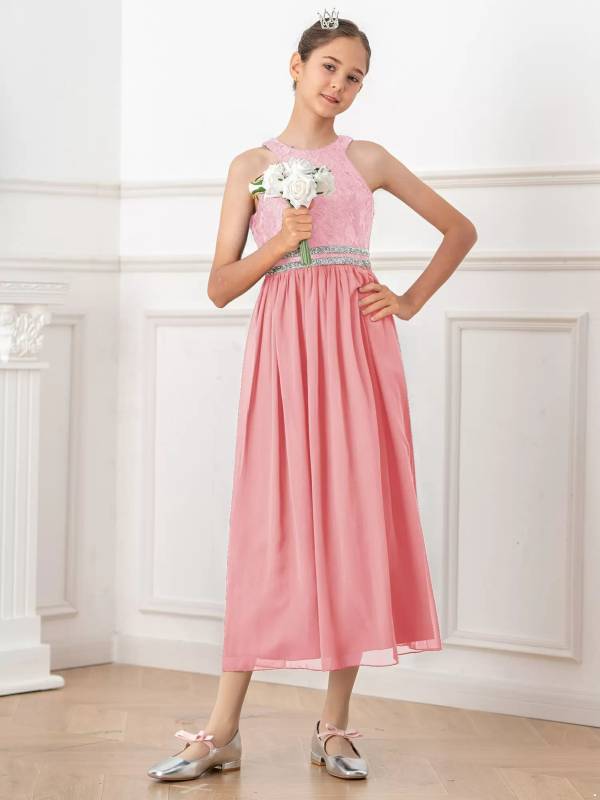 Kids Girls Halter Neck Floral Sequin Lace Dress thumb