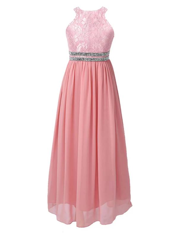 Kids Girls Halter Neck Floral Sequin Lace Dress thumb