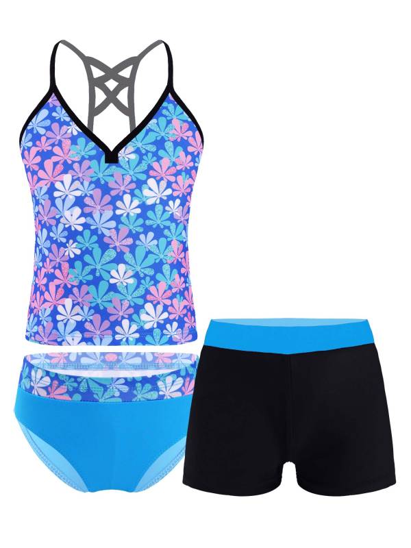 Kids Girls 3Pcs Floral Printed Tankini with Shorts Swimsuit Set thumb