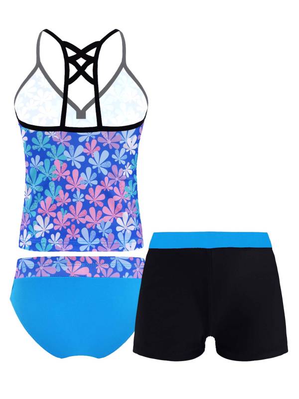 Kids Girls 3Pcs Floral Printed Tankini with Shorts Swimsuit Set thumb