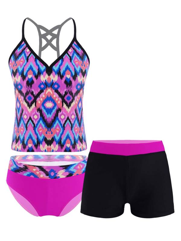 Kids Girls 3Pcs Floral Printed Tankini with Shorts Swimsuit Set thumb