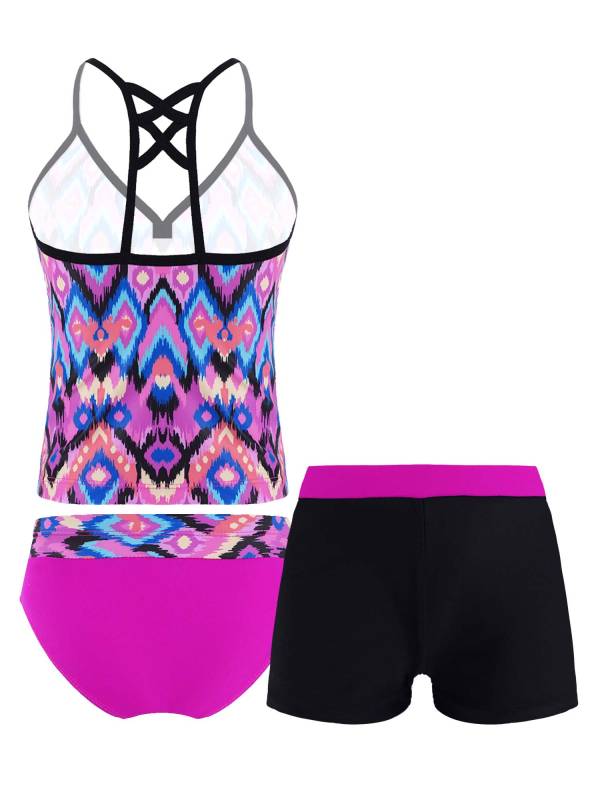 Kids Girls 3Pcs Floral Printed Tankini with Shorts Swimsuit Set thumb