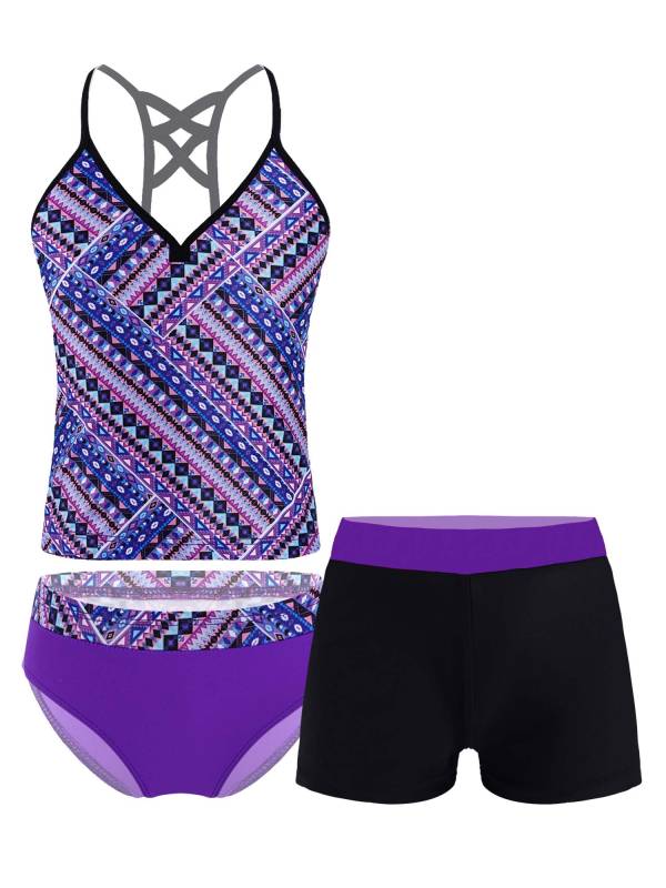 Kids Girls 3Pcs Floral Printed Tankini with Shorts Swimsuit Set thumb
