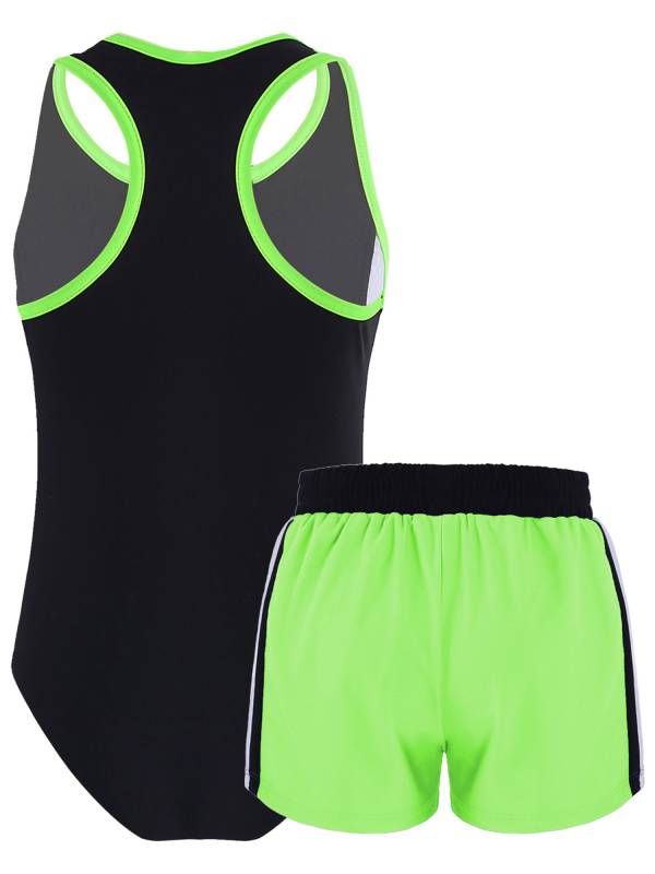 Kids Girls 2pcs Sleeveless Bodysuit and Boyshorts Swimsuit Set thumb