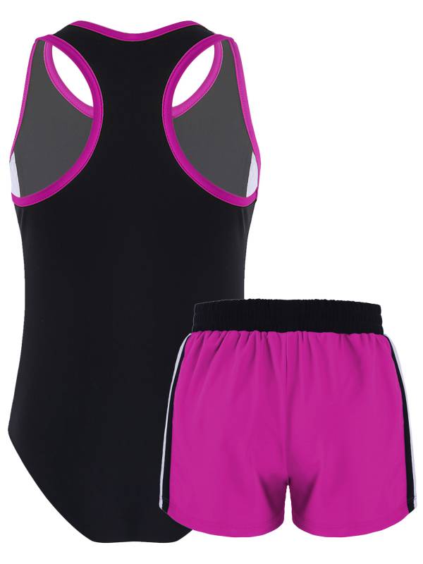 Kids Girls 2pcs Sleeveless Bodysuit and Boyshorts Swimsuit Set thumb