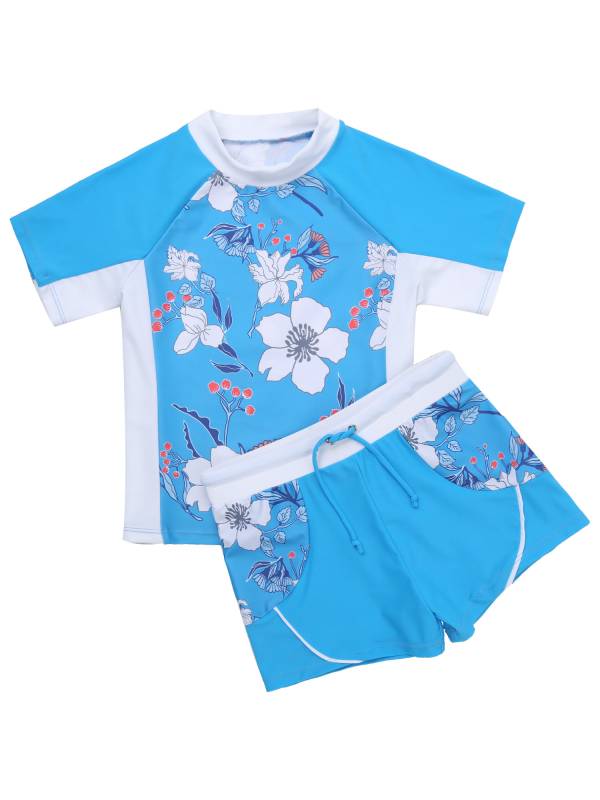 Kids Girls 2pcs Tropical Floral Print Top and Shorts Swimsuit Set thumb