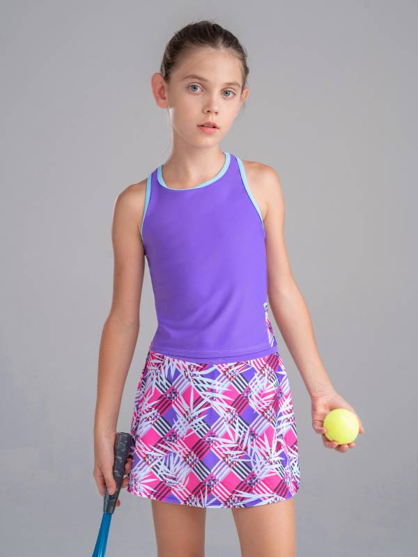 Kids Girls 2Pcs Sleeveless Top & Skirt with Built-in Shorts Sport Set thumb