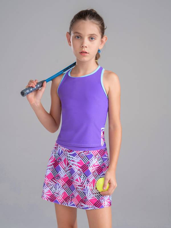 Kids Girls 2Pcs Sleeveless Top & Skirt with Built-in Shorts Sport Set thumb